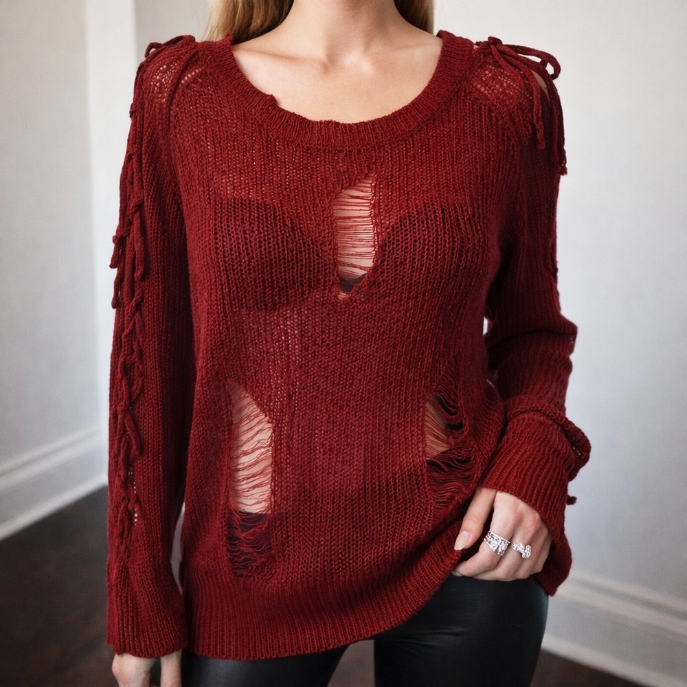 Distressed Knit Sweater Fringe Pullover NWT